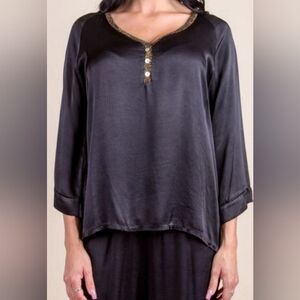OS NWT Gigi Moda Satin Black Henley Gold Shimmer Trim Top